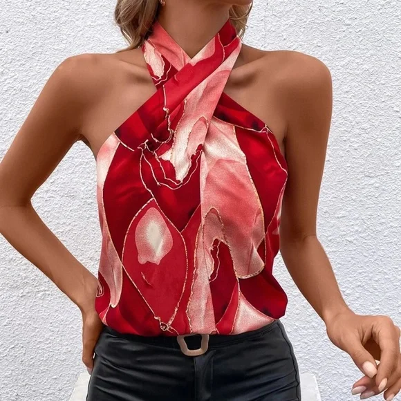 027  Marble Print Twist Halter Tank Top - Picture 3 of 5